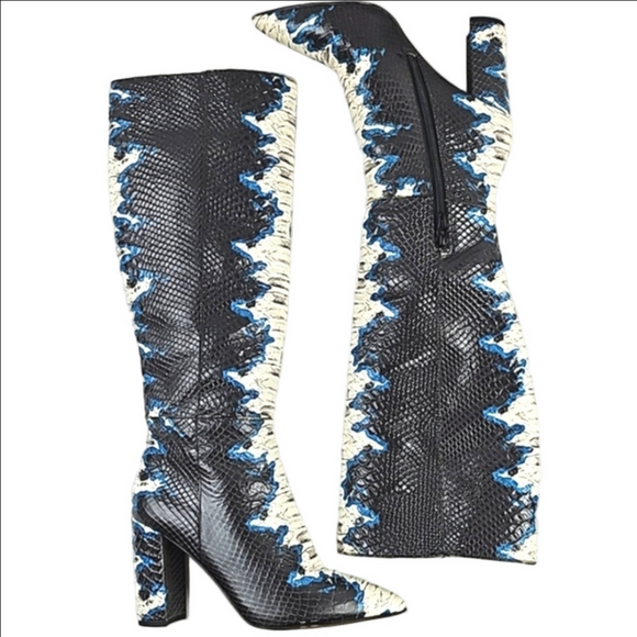 Gianni Bini Shoes - Gianni Bini Kellbie Leather Snakeskin Texture Black Cream Blue Heeled Tall Boot